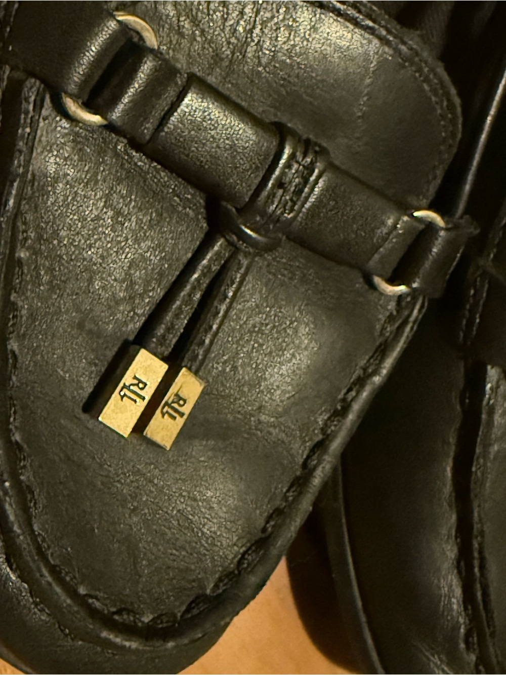 Lauren Ralph Lauren Rory Black Leather Wedge Loafers with Gold Hardware - Picture 7 of 7